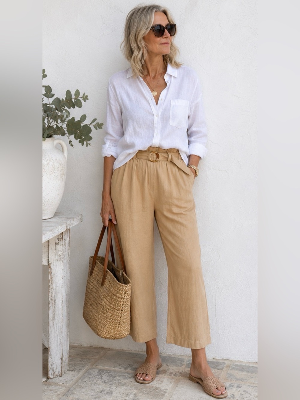 Anne Klein XL Linen Blend Belted Paperbag Waist Crop Pants Beige